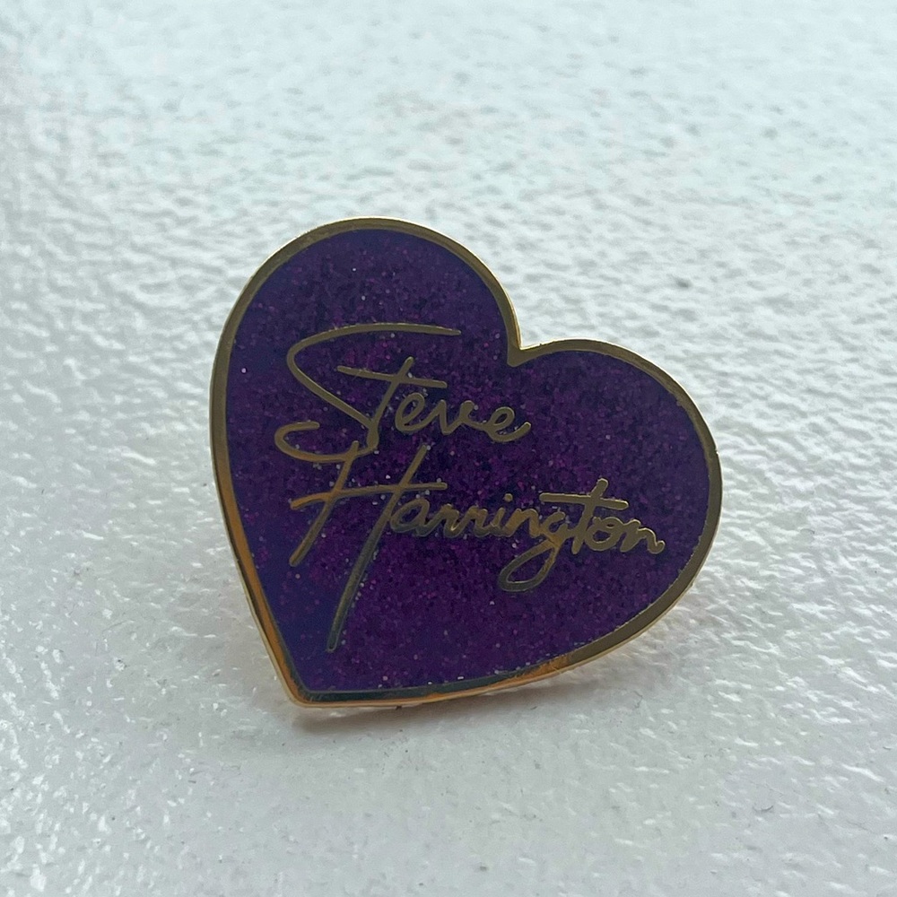 Stranger Things Steve Harrington sparkly purple heart shaped pin